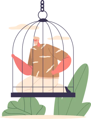 Hombre confinado sentado dentro de una jaula  Ilustración