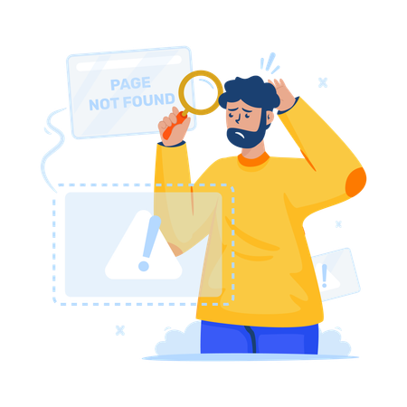 Hombre confundido por notificación de error del sitio web Página no encontrada  Ilustración