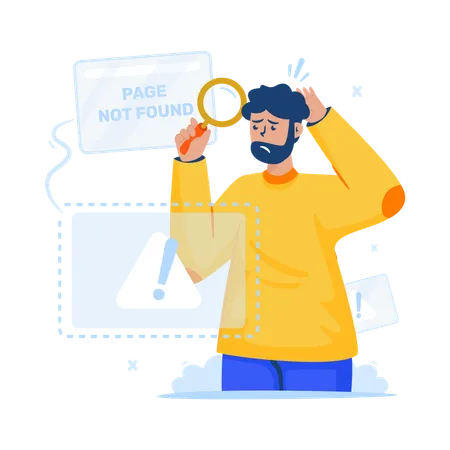 Hombre confundido por notificación de error del sitio web Página no encontrada  Ilustración
