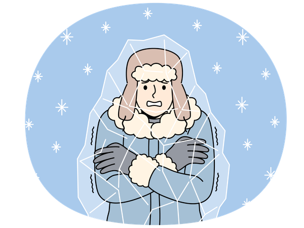 Un hombre congelado se encuentra dentro de un bloque de hielo y castañetea los dientes.  Ilustración
