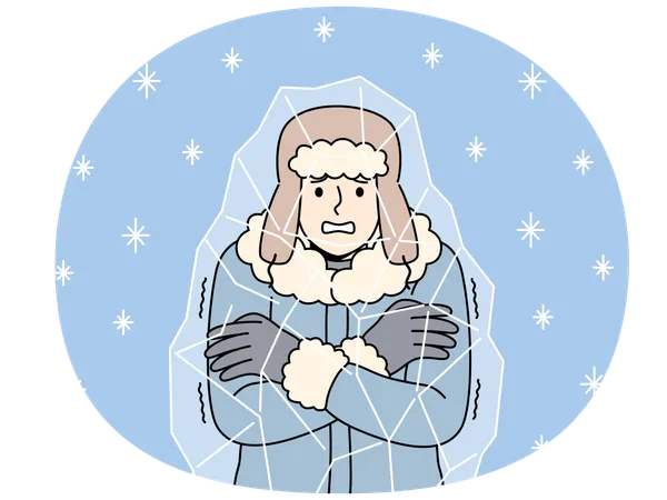 Un hombre congelado se encuentra dentro de un bloque de hielo y castañetea los dientes.  Ilustración