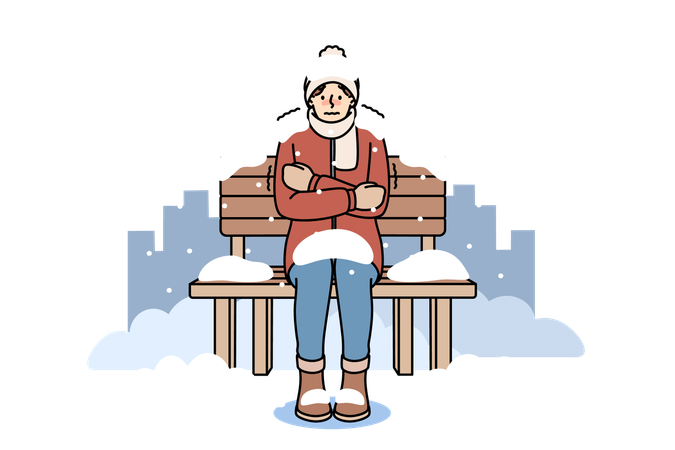 Hombre congelado sentado en un banco cubierto de nieve debido a la falta de vivienda y refugios para personas sin hogar  Ilustración