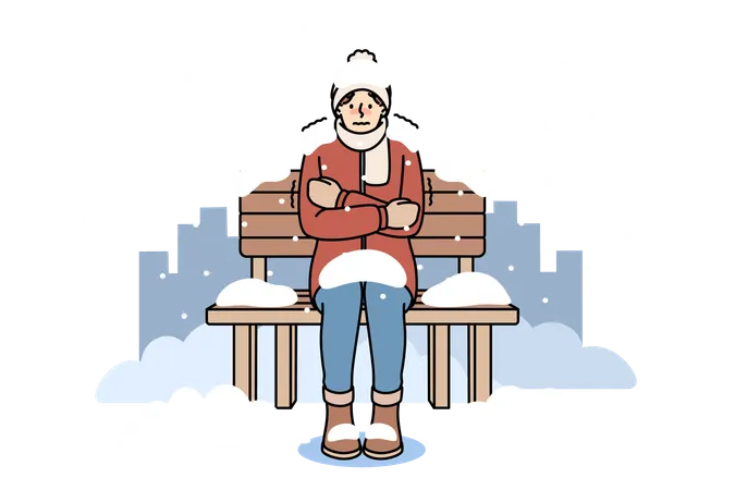 Hombre congelado sentado en un banco cubierto de nieve debido a la falta de vivienda y refugios para personas sin hogar  Ilustración