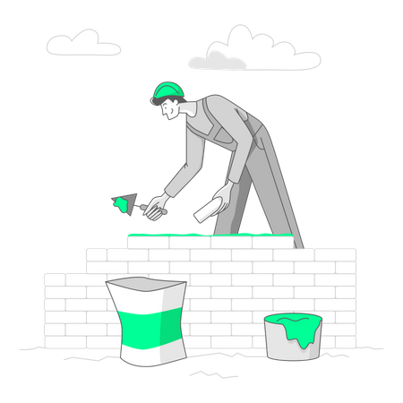 Hombre construyendo pared  Ilustración