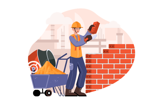 Hombre constructor con paleta poniendo ladrillos en la pared  Ilustración