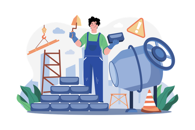 Hombre constructor con paleta poniendo ladrillos en la pared  Ilustración