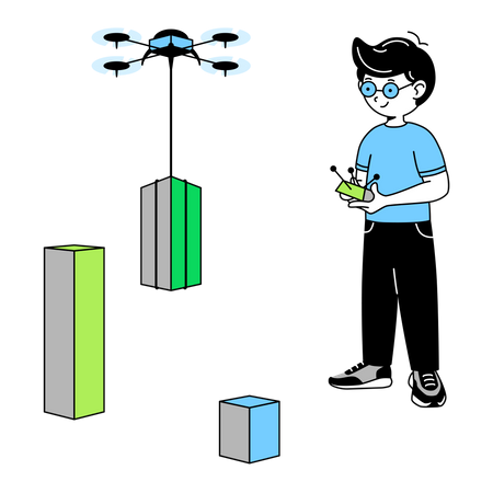 El hombre construye un gráfico con un dron.  Ilustración