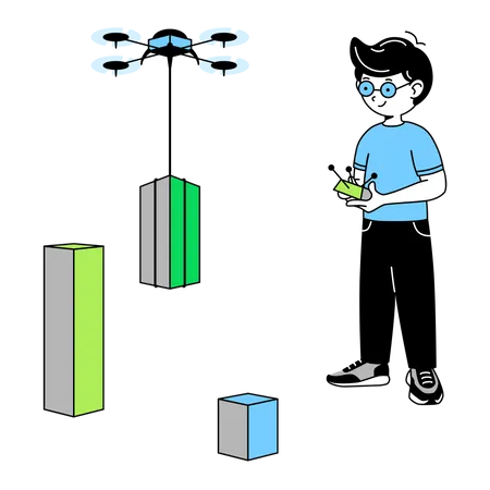 El hombre construye un gráfico con un dron.  Ilustración