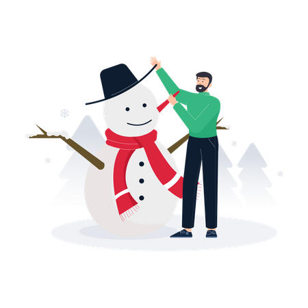 Hombre construyendo muñeco de nieve  Ilustración