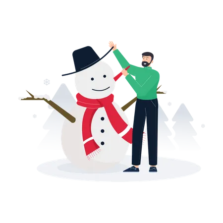 Hombre construyendo muñeco de nieve  Ilustración