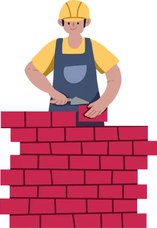 Hombre construyendo pared de ladrillos  Ilustración
