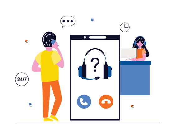 Hombre contactando con el centro de atención al cliente  Ilustración