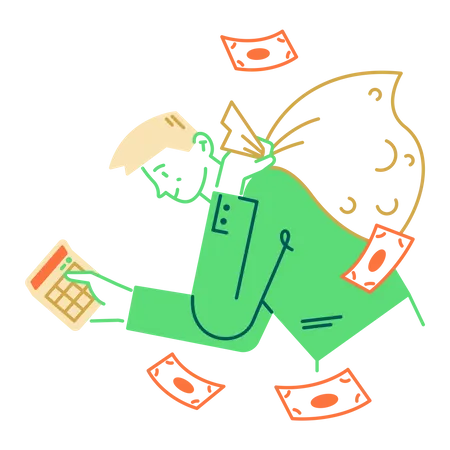 Hombre contando dinero en la calculadora  Ilustración