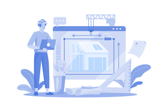 Hombre contratista trabajando en la computadora portátil  Illustration