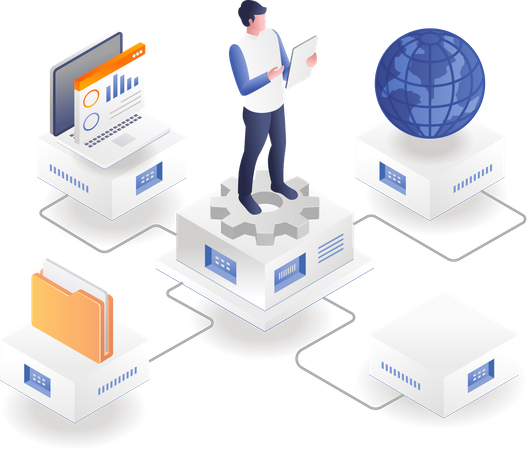 El hombre controla el trabajo de la computadora de datos con el teléfono inteligente  Ilustración