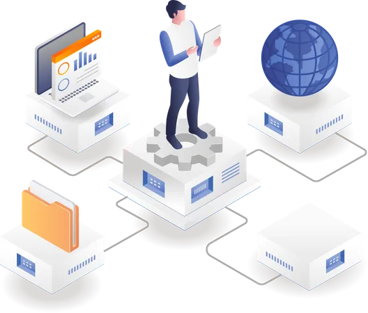 El hombre controla el trabajo de la computadora de datos con el teléfono inteligente  Ilustración