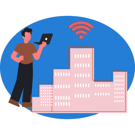 Hombre comprobando el WIFI del edificio  Ilustración