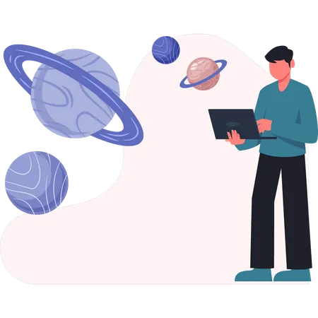 Hombre comprobando la exploración del espacio a través de un telescopio  Ilustración