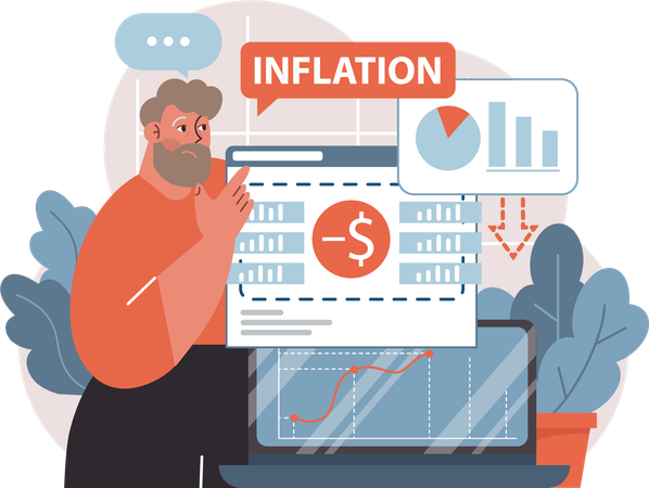 Hombre comprobando la inflación financiera  Ilustración