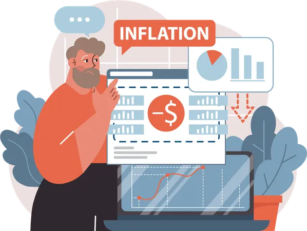 Hombre comprobando la inflación financiera  Ilustración