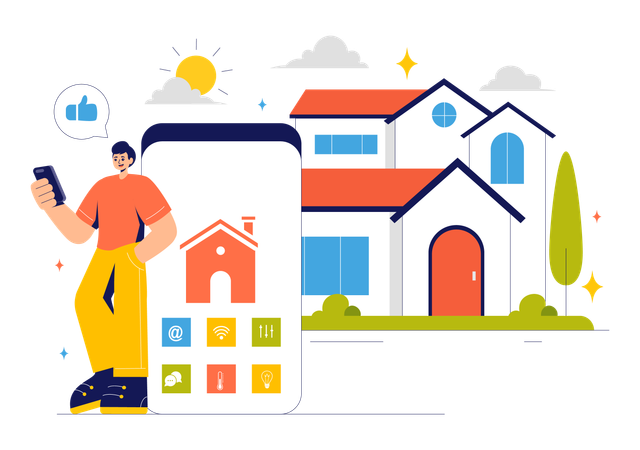 Hombre controlando su casa a través de un teléfono inteligente  Ilustración
