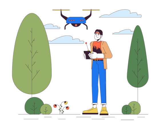 Hombre coreano con drone en el parque  Ilustración