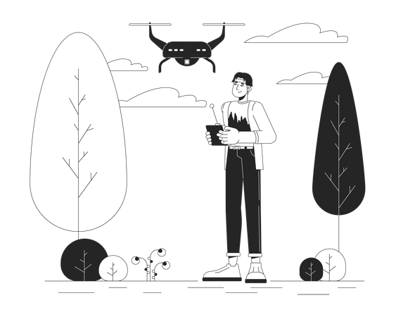 Hombre coreano con drone en el parque  Ilustración