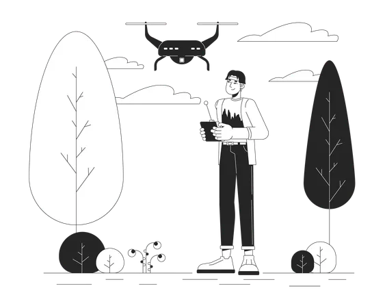 Hombre coreano con drone en el parque  Ilustración