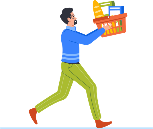 Hombre corre con carrito de compras lleno de comestibles  Ilustración