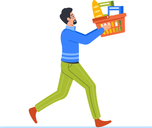 Hombre corre con carrito de compras lleno de comestibles  Ilustración