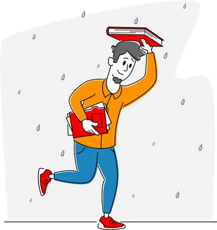 Hombre corriendo bajo la lluvia cubriéndose la cabeza con un libro  Ilustración