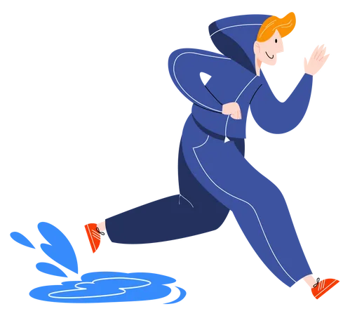 Hombre Corriendo Bajo La Lluvia Pisando Charcos Entrenamiento De Jovenes Deportistas Otono Ilustracion De Vector Plano Aislado Ilustración