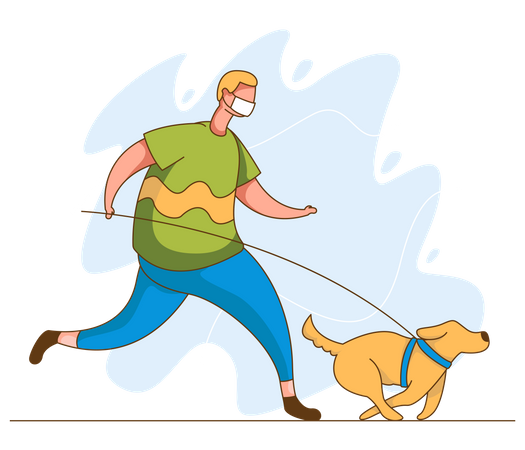 Hombre corriendo con el perro con máscara.  Ilustración