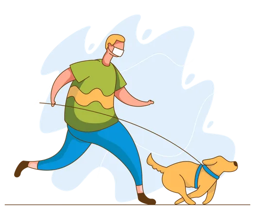 Hombre corriendo con el perro con máscara.  Ilustración