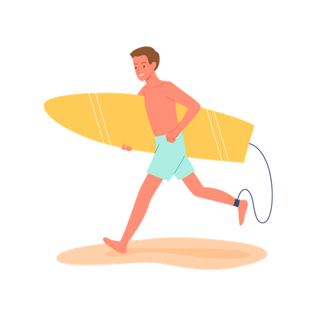 Hombre corriendo con tabla de surf  Ilustración