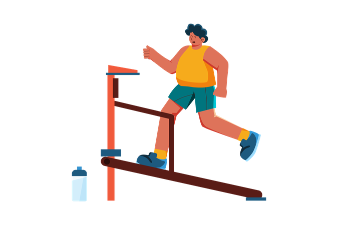 Hombre corriendo en cinta manual en el gimnasio  Illustration