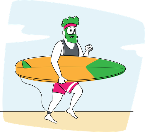 Hombre corriendo hacia el océano con tabla de surf  Ilustración