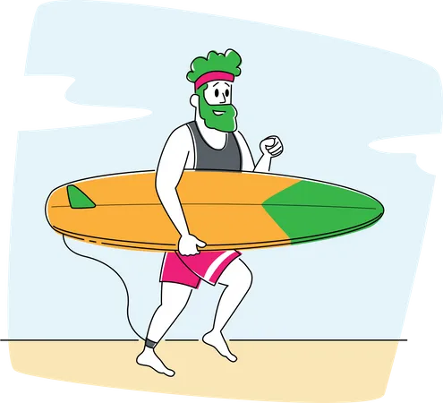 Hombre corriendo hacia el océano con tabla de surf  Ilustración