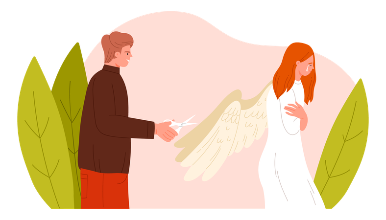Hombre cortando alas a mujer  Ilustración