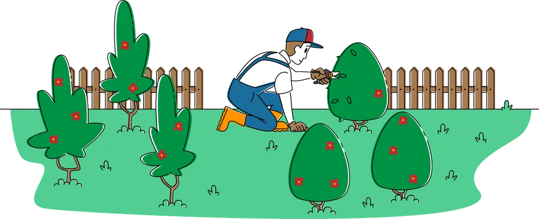 Hombre cortando árboles en el jardín  Ilustración