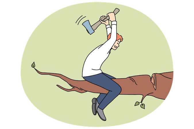 Hombre cortando la rama en la que está sentado  Ilustración
