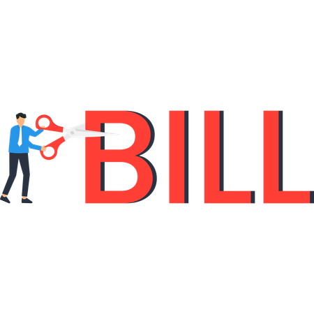 Hombre cortando billetes rojos con tijeras. Reducción de deuda financiera. Presupuesto.  Ilustración