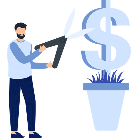 Hombre cortando un signo de dólar con tijeras Finanzas  Ilustración