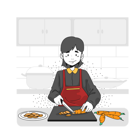 Hombre cortando zanahorias en la mesa  Ilustración