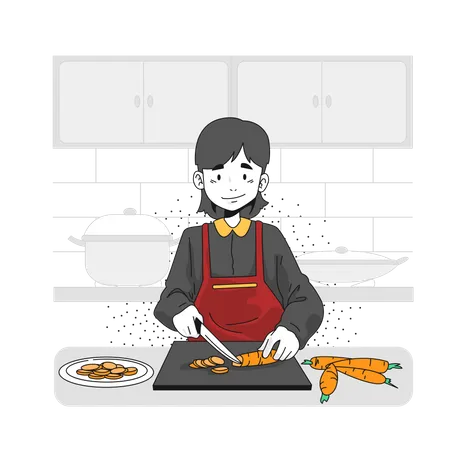 Hombre cortando zanahorias en la mesa  Ilustración