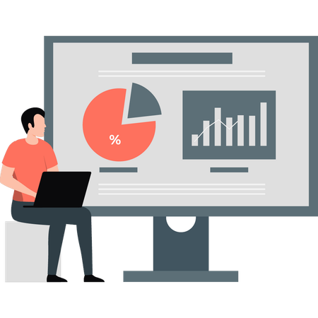 Hombre creando un gráfico circular de negocios en la computadora  Ilustración