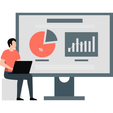 Hombre creando un gráfico circular de negocios en la computadora  Ilustración