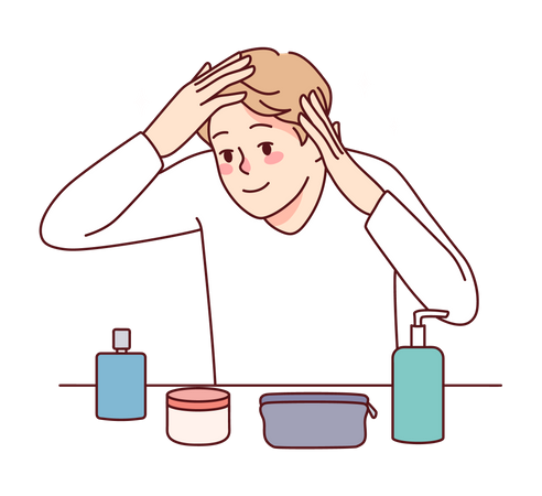 Hombre cuidando bien la cara usando diferentes productos cosméticos.  Ilustración