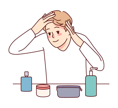 Hombre cuidando bien la cara usando diferentes productos cosméticos.  Ilustración