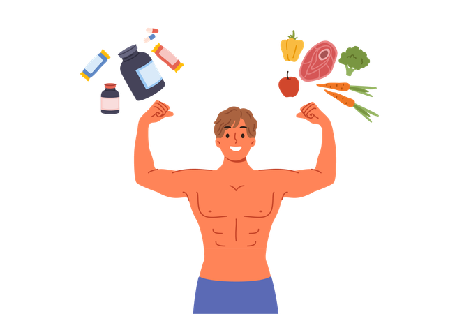 Hombre culturista con torso desnudo se encuentra bajo nutrición deportiva y productos naturales  Ilustración